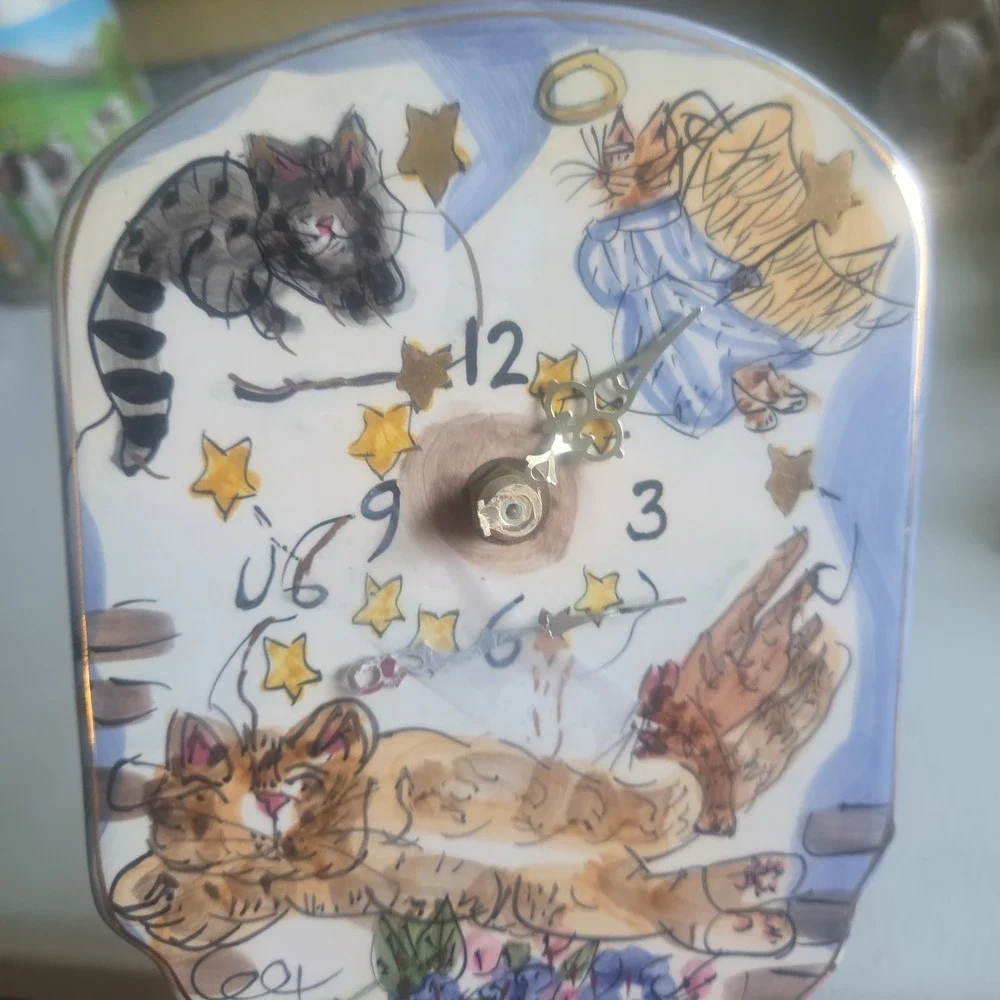 VTG Blue Sky Clayworks CATS Wall Clock Hand Painted Heather Goldminc READ